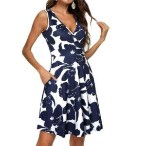 Womens Wrap V Neck Sleeveless Sundress Summer Flare Tank Dress Pockets Size L